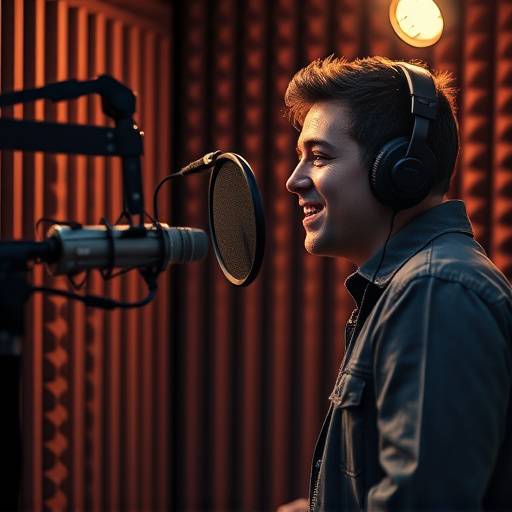 A voice-over artist recording in a soundproof booth.