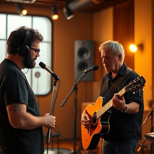 An audio engineer consulting with a musician in a studio setting.