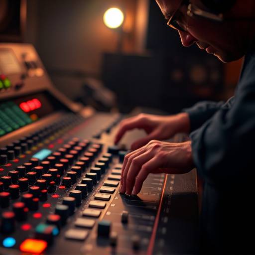 Close-up of a mixing console with an engineer adjusting levels.