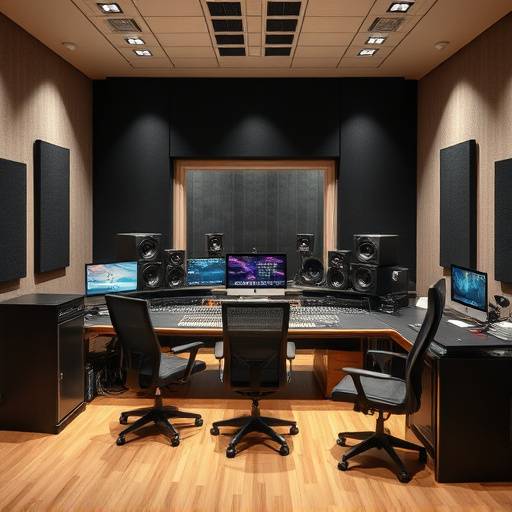 Control room of Studio B at SoundScape Studios, equipped with a modern digital audio workstation and high-end monitoring system.