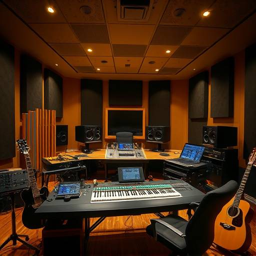 Interior of SoundScape Studios Studio A, showcasing a large format Neve console and a variety of instruments.